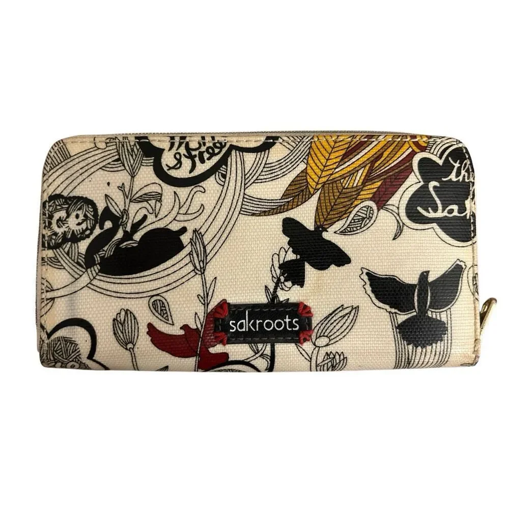 Sakroots Peace embroidered bird & botanical coated canvas zip around wallet